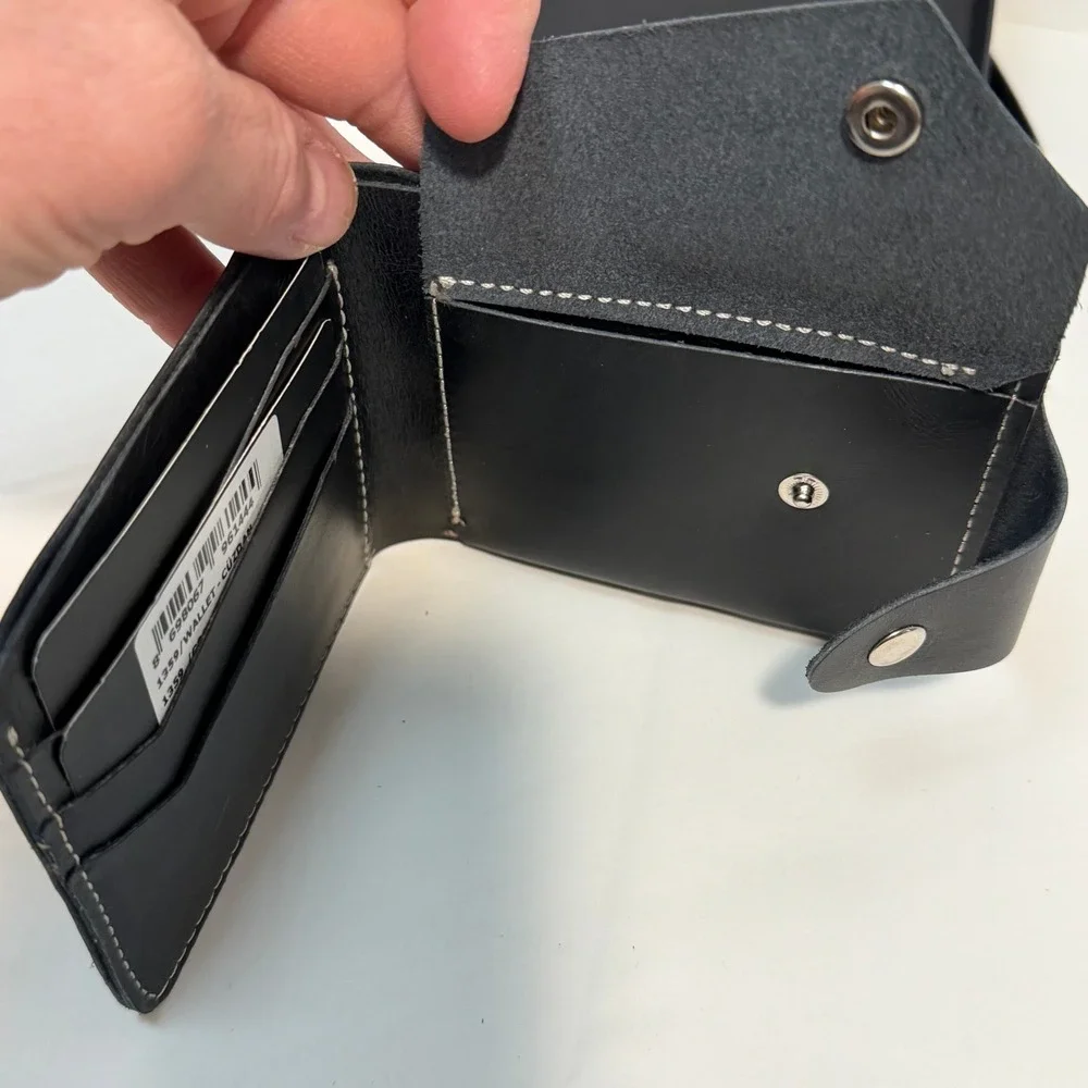 Genuine Black Leather Bifold Wallet with Coin Pocket Snap Closure Made in Turkey